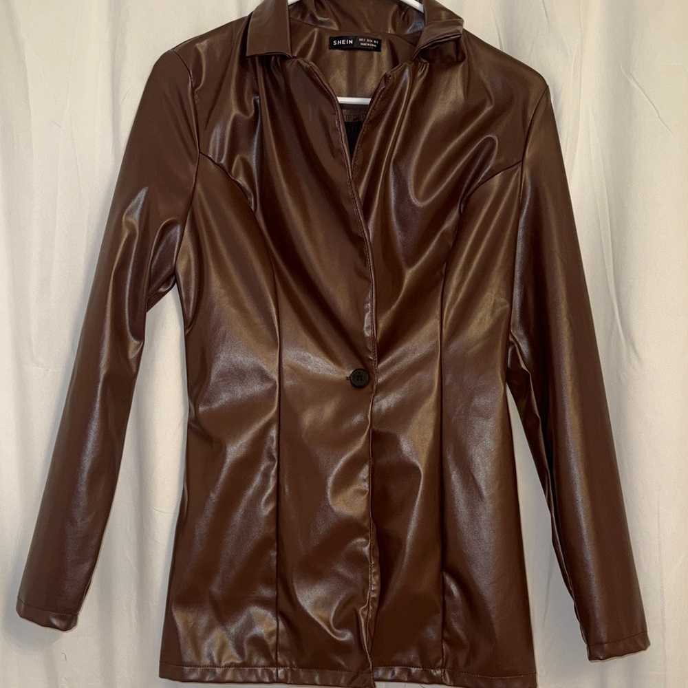 Faux Leather Women's Jacket- Brown